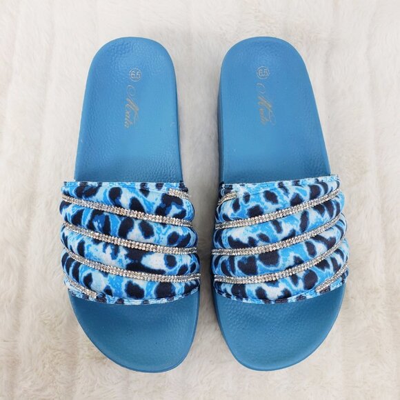 Beach Day Blue Leopard Slip on Platform Sandals Rhinestone Details - Picture 7 of 12